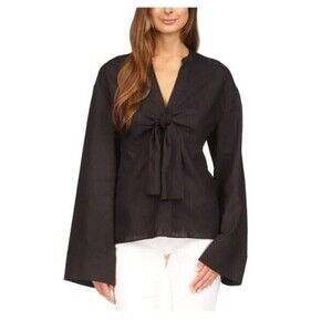 Michael Kors Women's Kimono Blouse Tied Front Long Sleeve Linen Top Black Size M